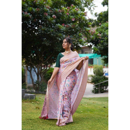 Isadora Life Womens Floral Zari Pink Pre-Draped Saree with Unstitched Blouse
