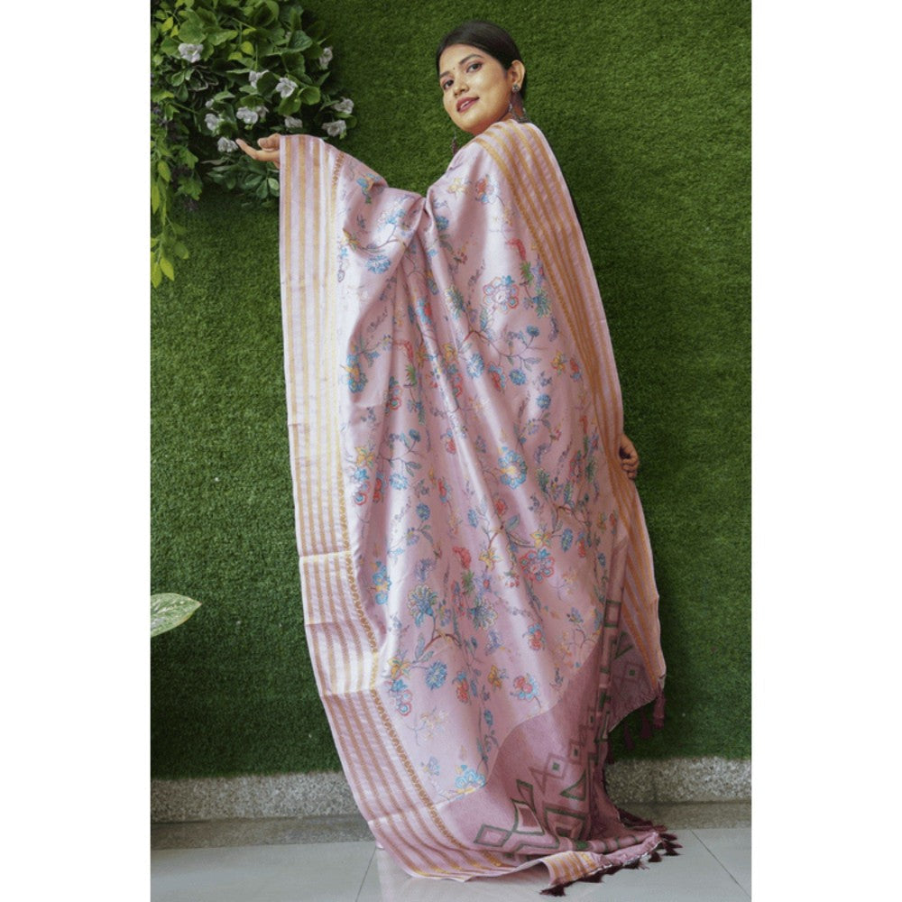 Isadora Life Womens Floral Zari Pink Pre-Draped Saree with Unstitched Blouse