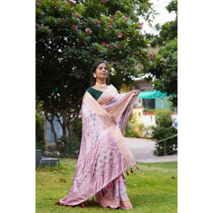 Isadora Life Womens Floral Zari Pink Pre-Draped Saree with Unstitched Blouse