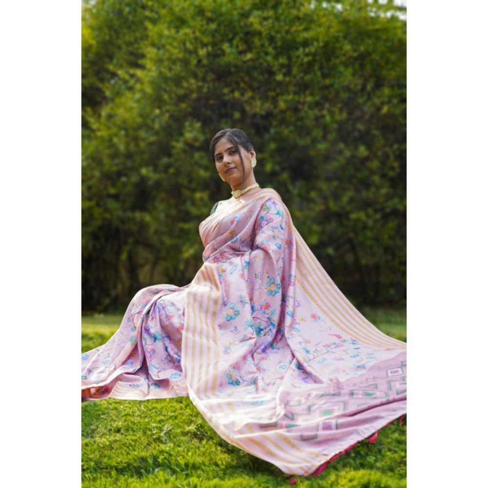 Isadora Life Womens Floral Zari Pink Pre-Draped Saree with Unstitched Blouse