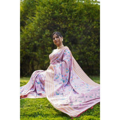 Isadora Life Womens Floral Zari Pink Pre-Draped Saree with Unstitched Blouse