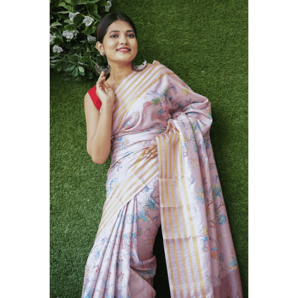 Isadora Life Womens Floral Zari Pink Pre-Draped Saree with Unstitched Blouse