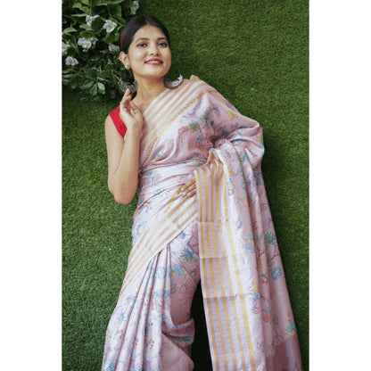 Isadora Life Womens Floral Zari Pink Pre-Draped Saree with Unstitched Blouse
