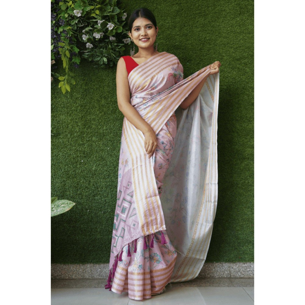 Isadora Life Womens Floral Zari Pink Pre-Draped Saree with Unstitched Blouse