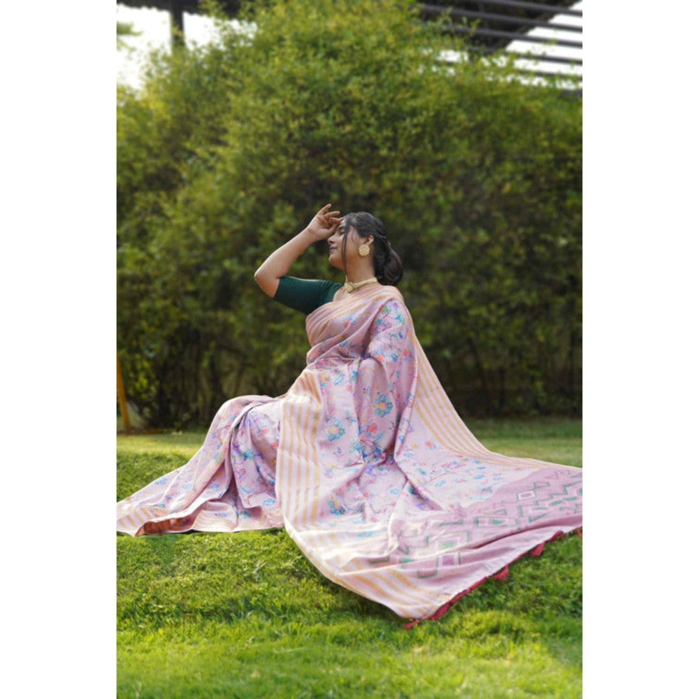 Isadora Life Womens Floral Zari Pink Pre-Draped Saree with Unstitched Blouse