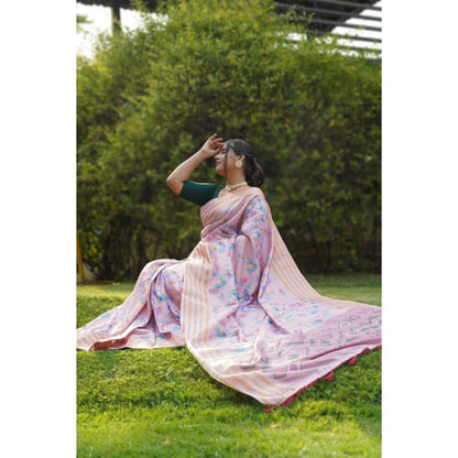 Isadora Life Womens Floral Zari Pink Pre-Draped Saree with Unstitched Blouse