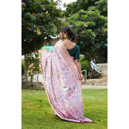 Isadora Life Womens Floral Zari Pink Pre-Draped Saree with Unstitched Blouse