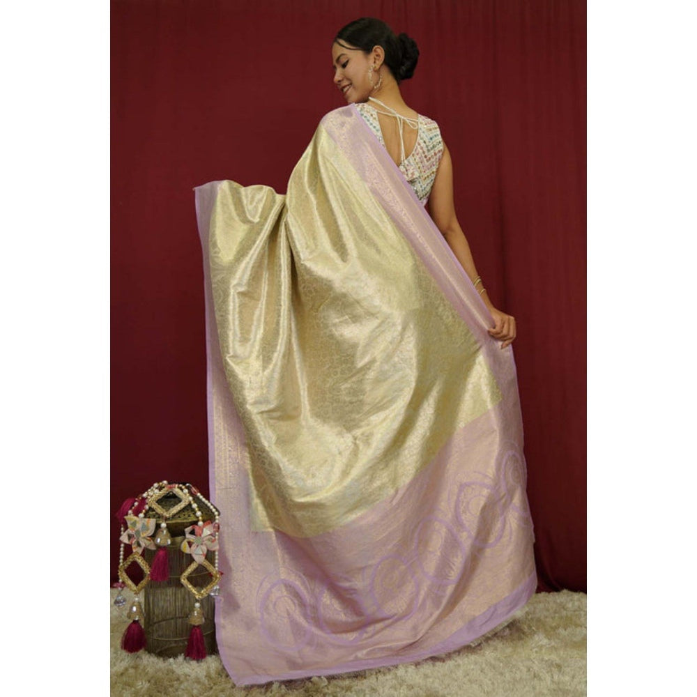 Isadora Life Womens Woven Zari Cream Pre-Draped Saree with Unstitched Blouse