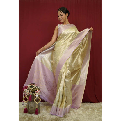 Isadora Life Womens Woven Zari Cream Pre-Draped Saree with Unstitched Blouse