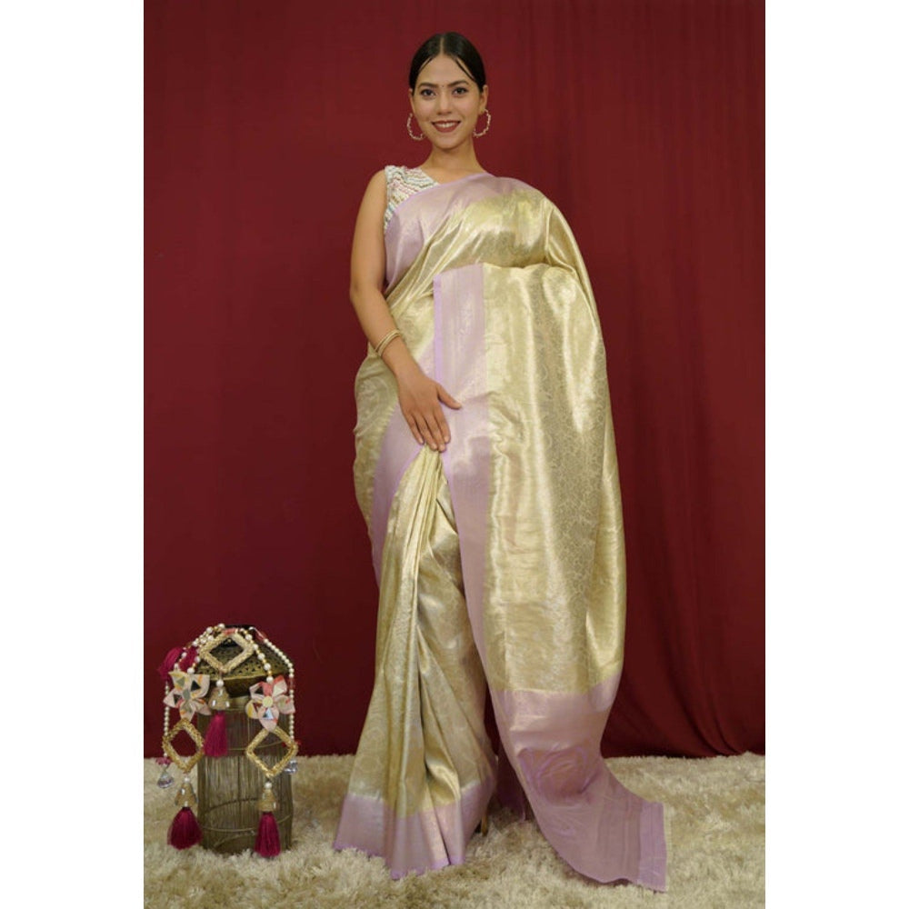 Isadora Life Womens Woven Zari Cream Pre-Draped Saree with Unstitched Blouse
