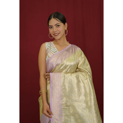 Isadora Life Womens Woven Zari Cream Pre-Draped Saree with Unstitched Blouse