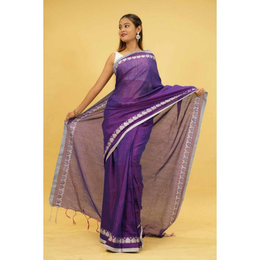 Isadora Life Womens Solid Tassels Purple Pre-Draped Saree with Unstitched Blouse