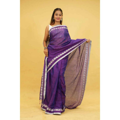 Isadora Life Womens Solid Tassels Purple Pre-Draped Saree with Unstitched Blouse