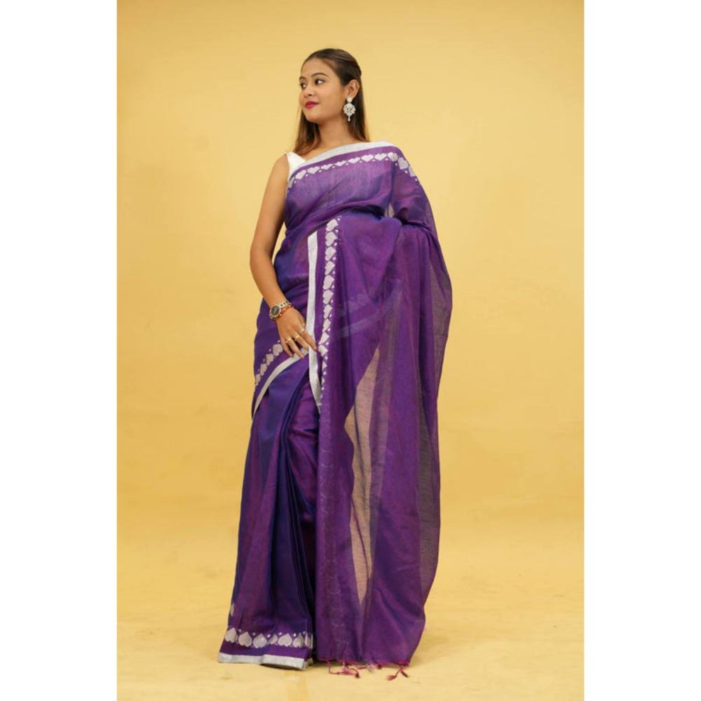 Isadora Life Womens Solid Tassels Purple Pre-Draped Saree with Unstitched Blouse
