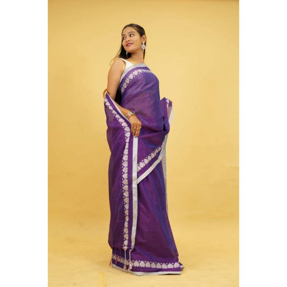 Isadora Life Womens Solid Tassels Purple Pre-Draped Saree with Unstitched Blouse