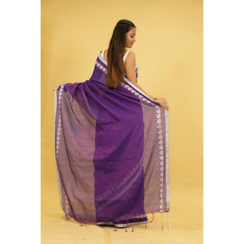Isadora Life Womens Solid Tassels Purple Pre-Draped Saree with Unstitched Blouse