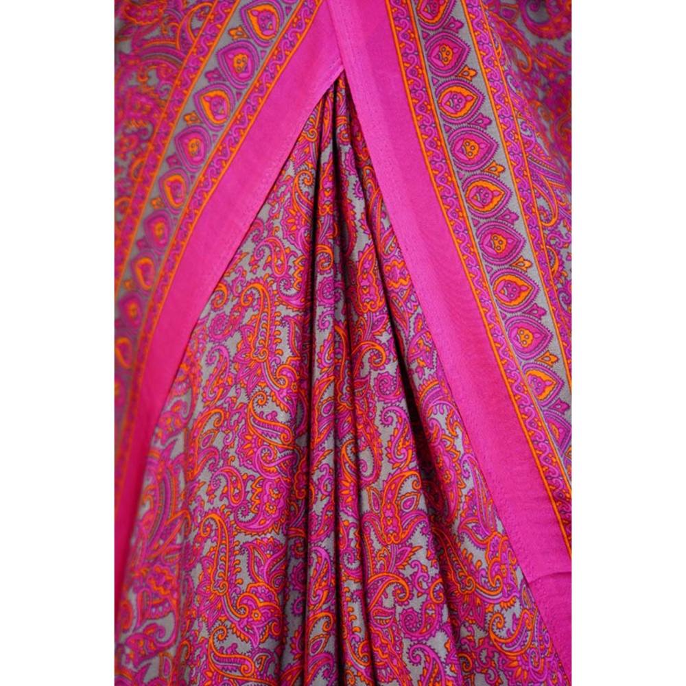 Isadora Life Womens Paisley Printed Pink Pre-Draped Saree with Unstitched Blouse