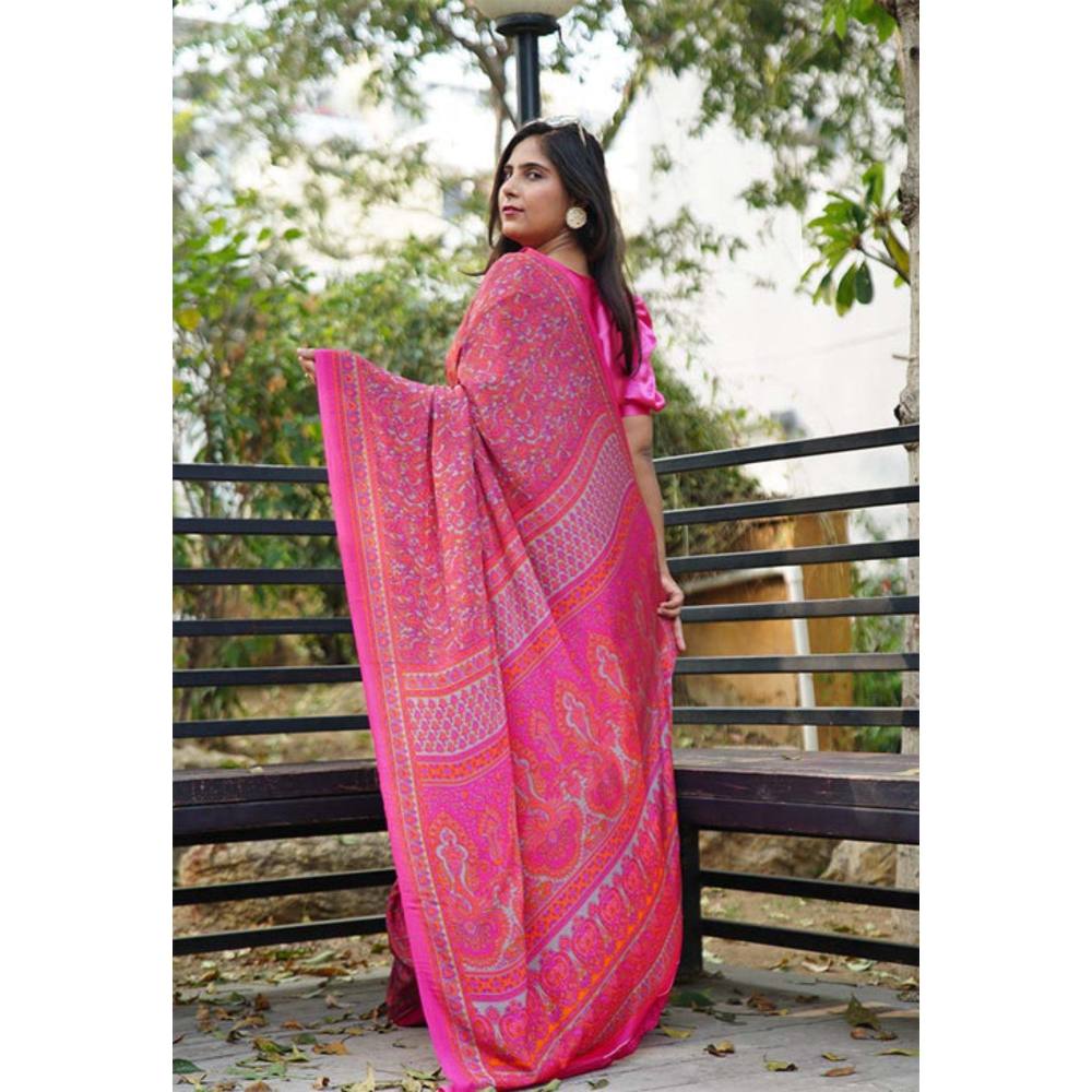 Isadora Life Womens Paisley Printed Pink Pre-Draped Saree with Unstitched Blouse