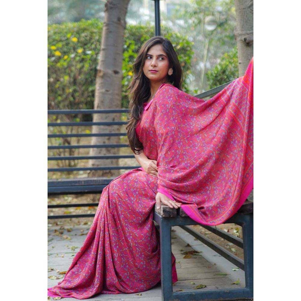 Isadora Life Womens Paisley Printed Pink Pre-Draped Saree with Unstitched Blouse