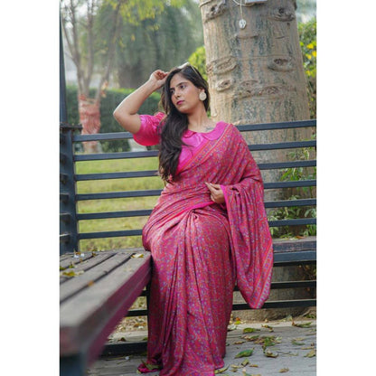 Isadora Life Womens Paisley Printed Pink Pre-Draped Saree with Unstitched Blouse