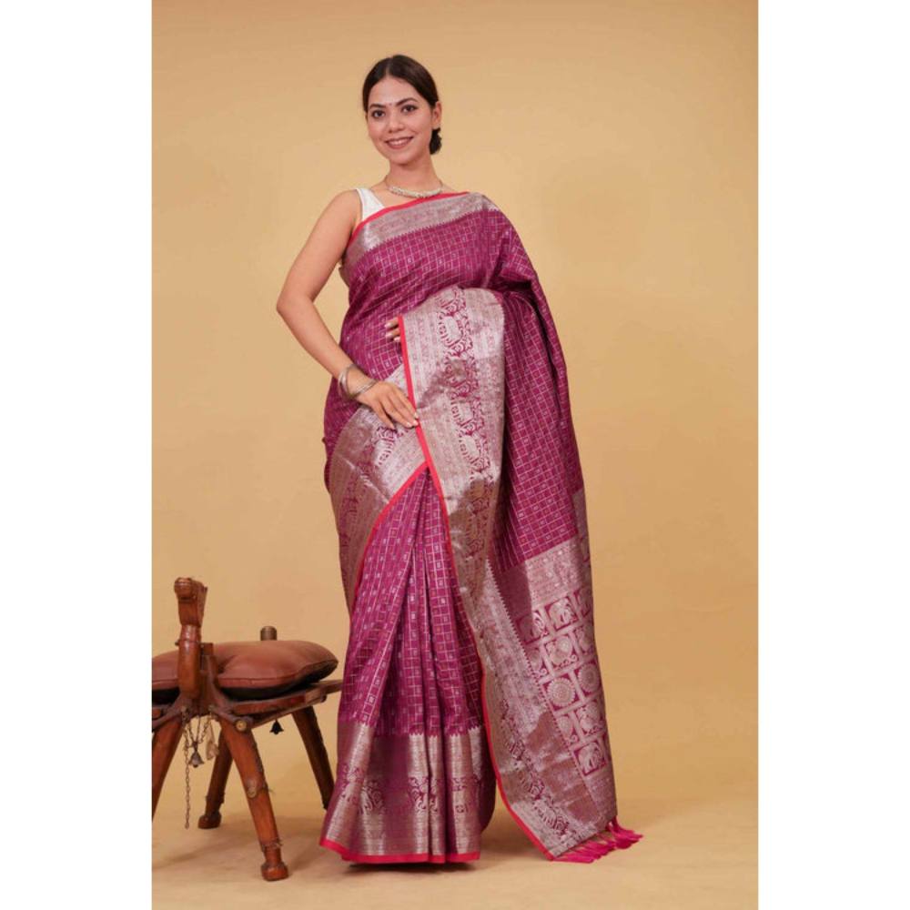 Isadora Life Womens Checks Tassels Pink Pre-Draped Saree with Unstitched Blouse