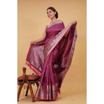 Isadora Life Womens Checks Tassels Pink Pre-Draped Saree with Unstitched Blouse