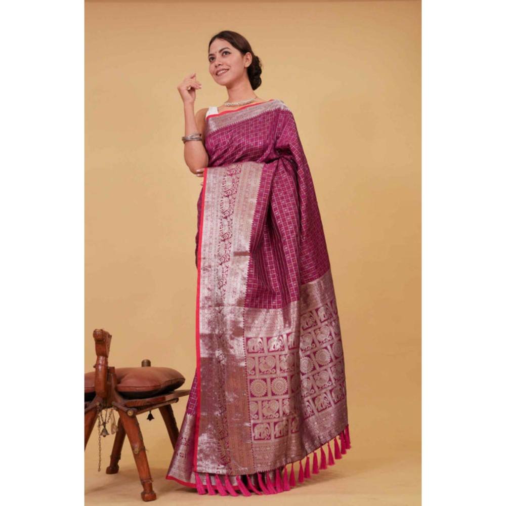 Isadora Life Womens Checks Tassels Pink Pre-Draped Saree with Unstitched Blouse
