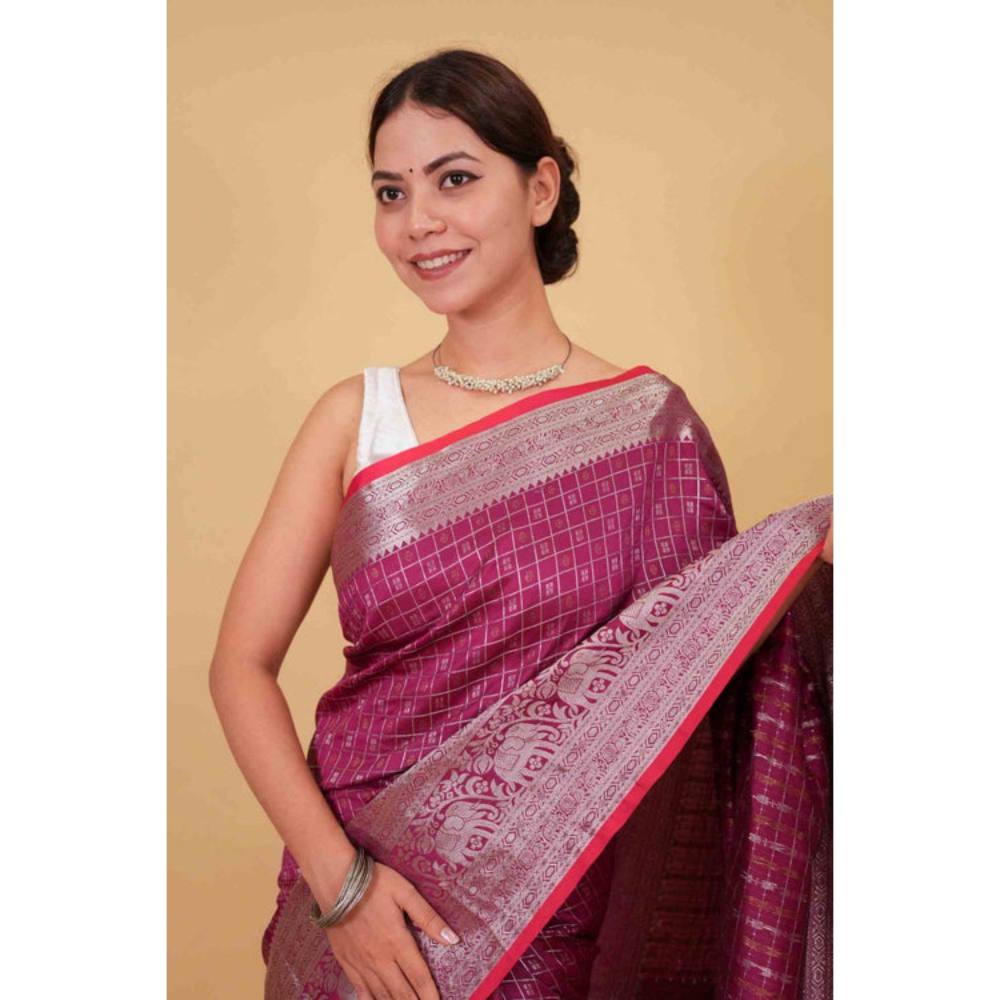 Isadora Life Womens Checks Tassels Pink Pre-Draped Saree with Unstitched Blouse