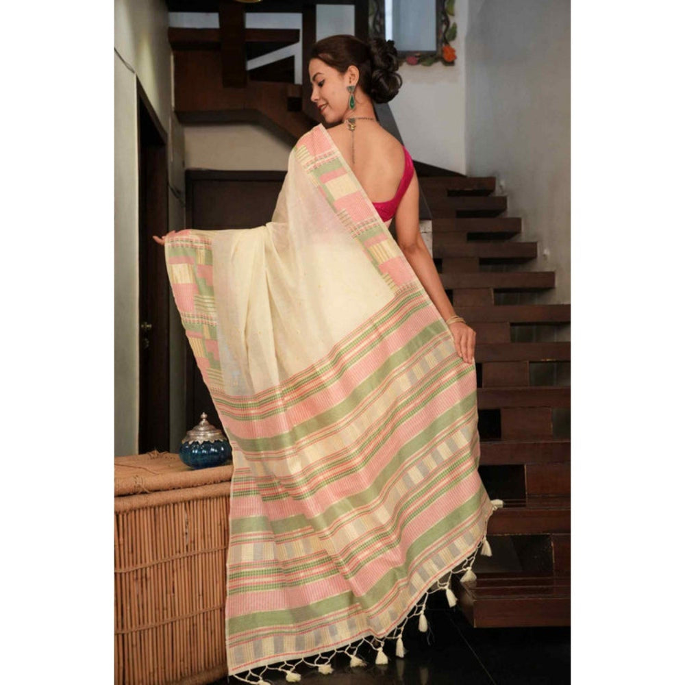 Isadora Life Womens Woven Tassels Cream Pre-Draped Saree with Unstitched Blouse