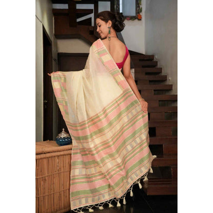 Isadora Life Womens Woven Tassels Cream Pre-Draped Saree with Unstitched Blouse