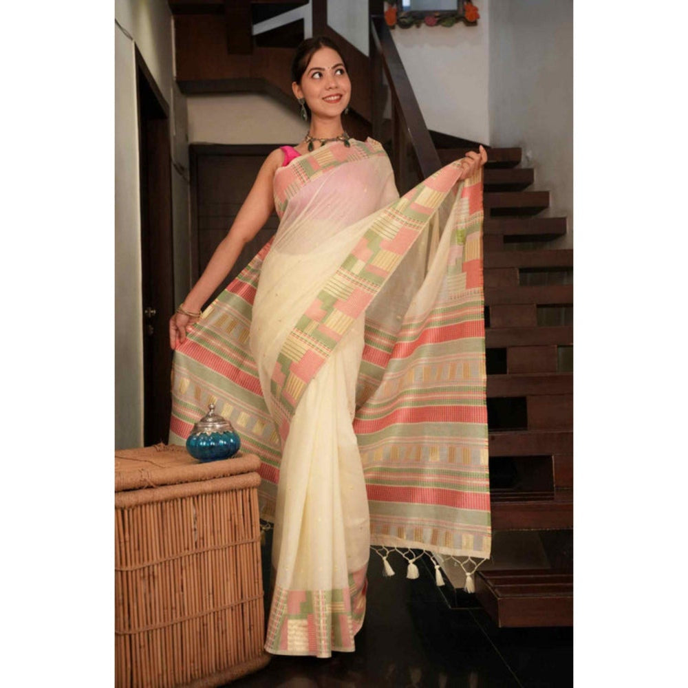 Isadora Life Womens Woven Tassels Cream Pre-Draped Saree with Unstitched Blouse