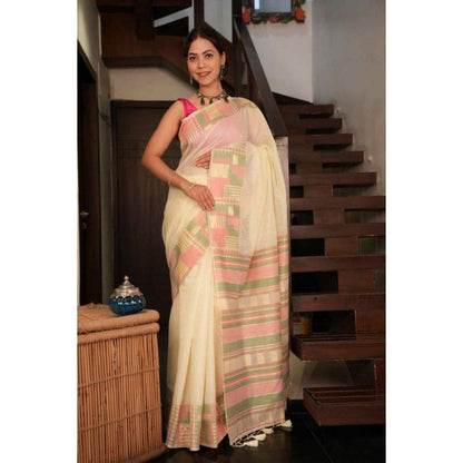 Isadora Life Womens Woven Tassels Cream Pre-Draped Saree with Unstitched Blouse