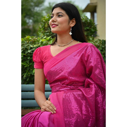 Isadora Life Womens Sequined Pink Pre-Draped Saree with Unstitched Blouse