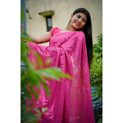 Isadora Life Womens Sequined Pink Pre-Draped Saree with Unstitched Blouse