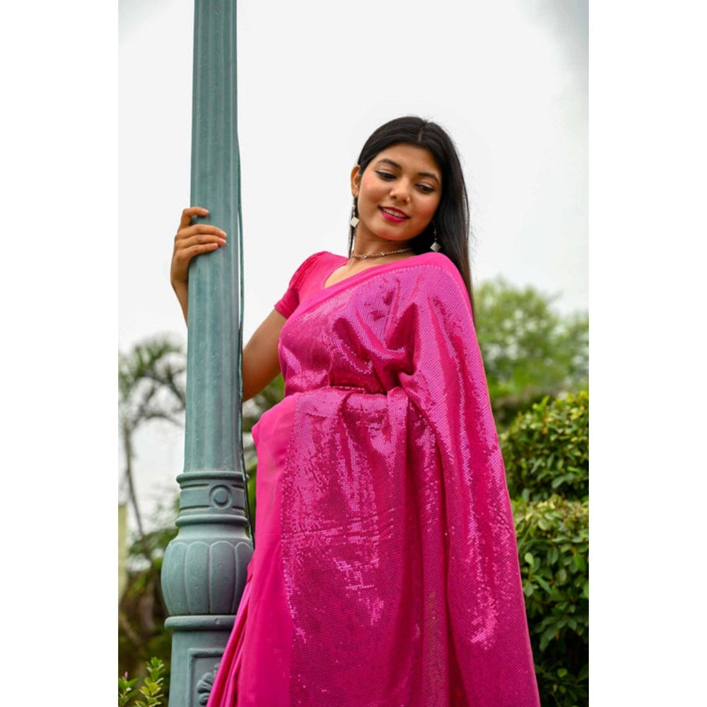 Isadora Life Womens Sequined Pink Pre-Draped Saree with Unstitched Blouse
