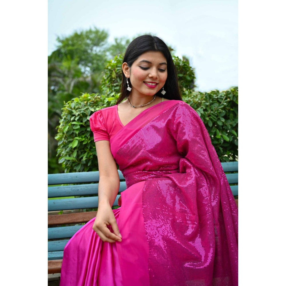 Isadora Life Womens Sequined Pink Pre-Draped Saree with Unstitched Blouse