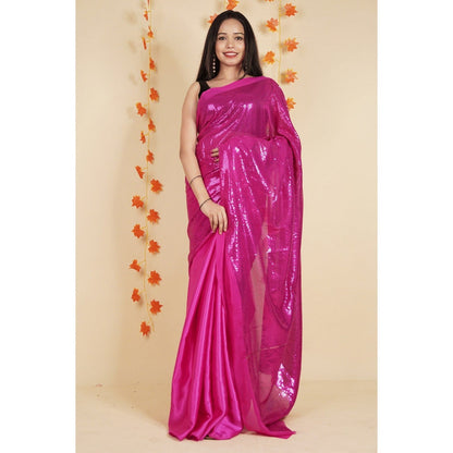 Isadora Life Womens Sequined Pink Pre-Draped Saree with Unstitched Blouse