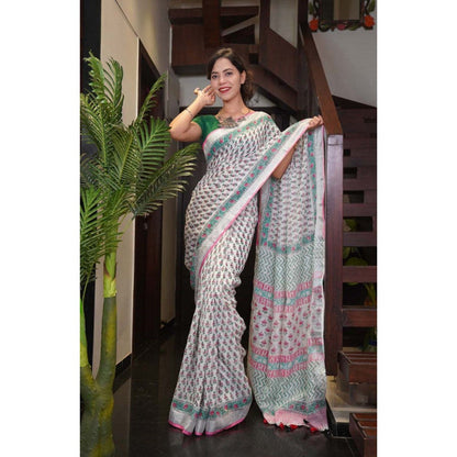 Isadora Life Womens Block Print Off White Pre-Draped Saree with Unstitched Blouse
