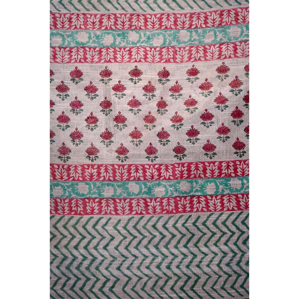 Isadora Life Womens Block Print Off White Pre-Draped Saree with Unstitched Blouse