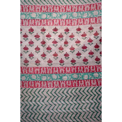 Isadora Life Womens Block Print Off White Pre-Draped Saree with Unstitched Blouse