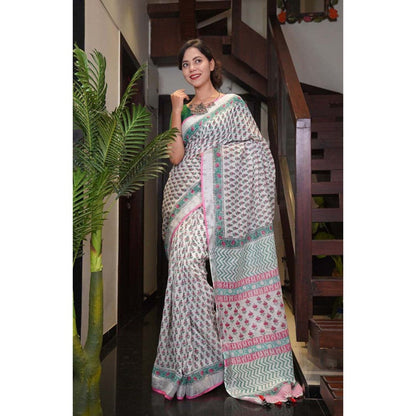 Isadora Life Womens Block Print Off White Pre-Draped Saree with Unstitched Blouse