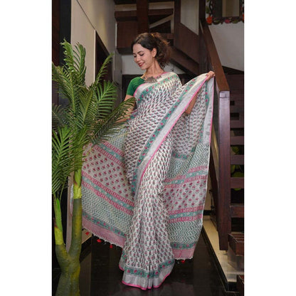 Isadora Life Womens Block Print Off White Pre-Draped Saree with Unstitched Blouse