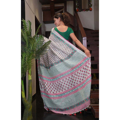 Isadora Life Womens Block Print Off White Pre-Draped Saree with Unstitched Blouse