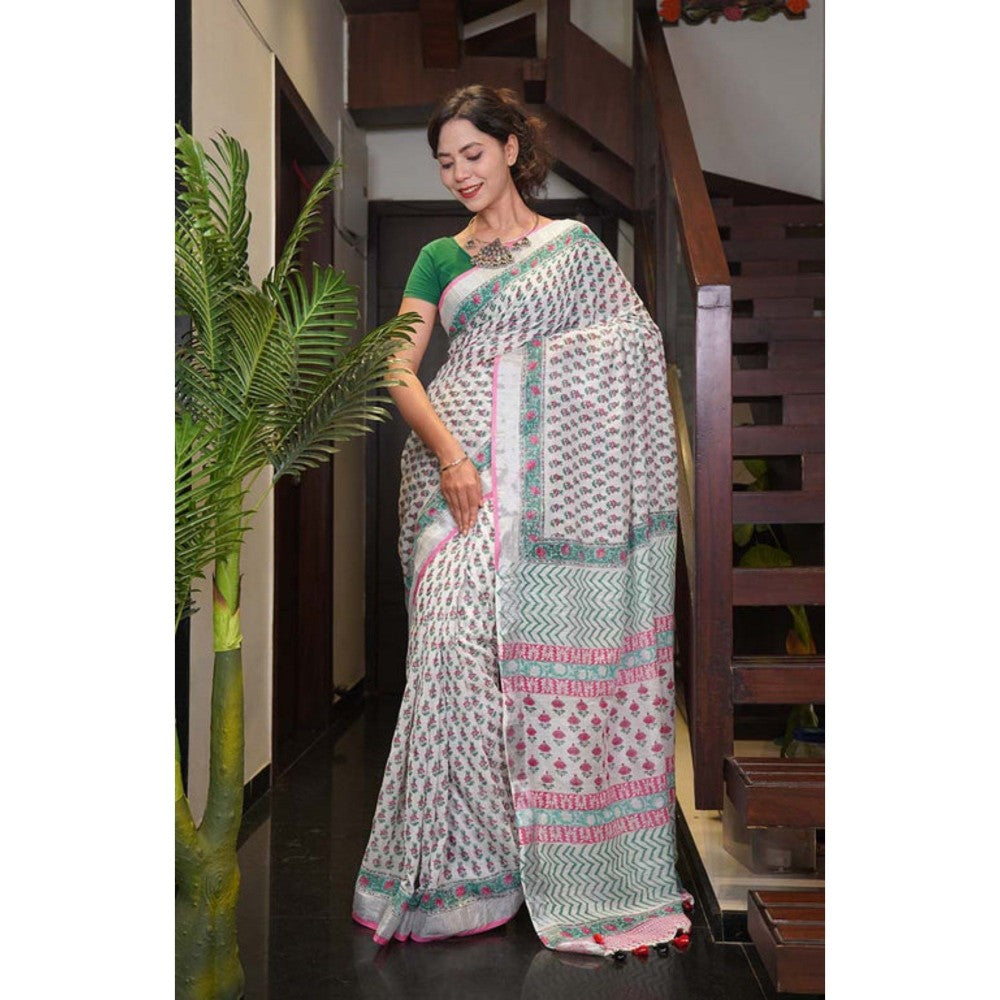 Isadora Life Womens Block Print Off White Pre-Draped Saree with Unstitched Blouse