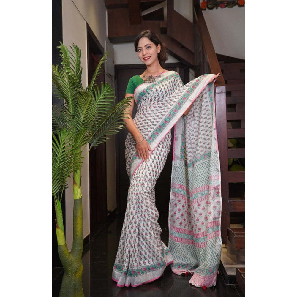 Isadora Life Womens Block Print Off White Pre-Draped Saree with Unstitched Blouse
