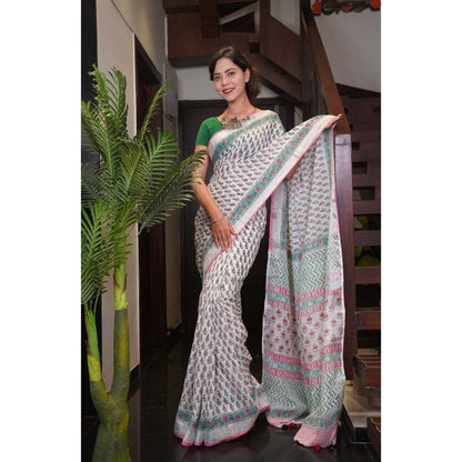 Isadora Life Womens Block Print Off White Pre-Draped Saree with Unstitched Blouse