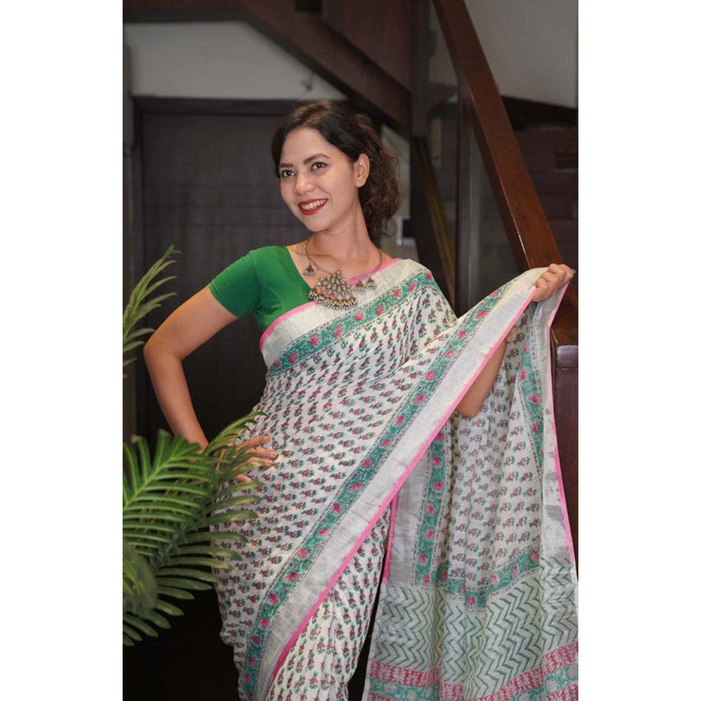 Isadora Life Womens Block Print Off White Pre-Draped Saree with Unstitched Blouse