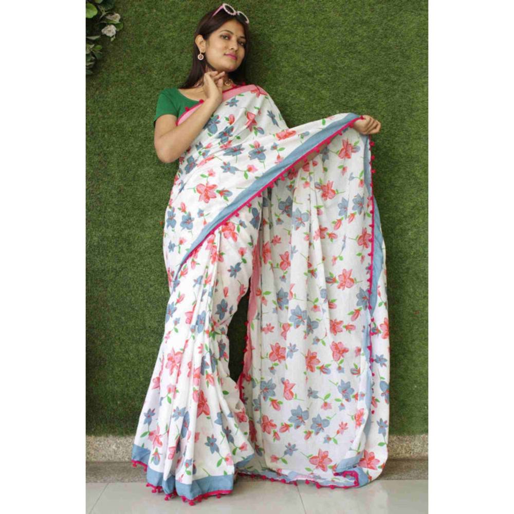 Isadora Life Womens Floral Printed White Pre-Draped Saree with Unstitched Blouse