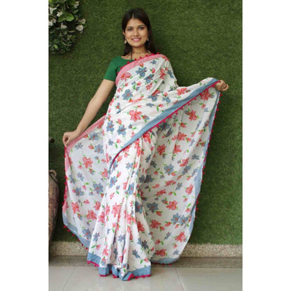 Isadora Life Womens Floral Printed White Pre-Draped Saree with Unstitched Blouse