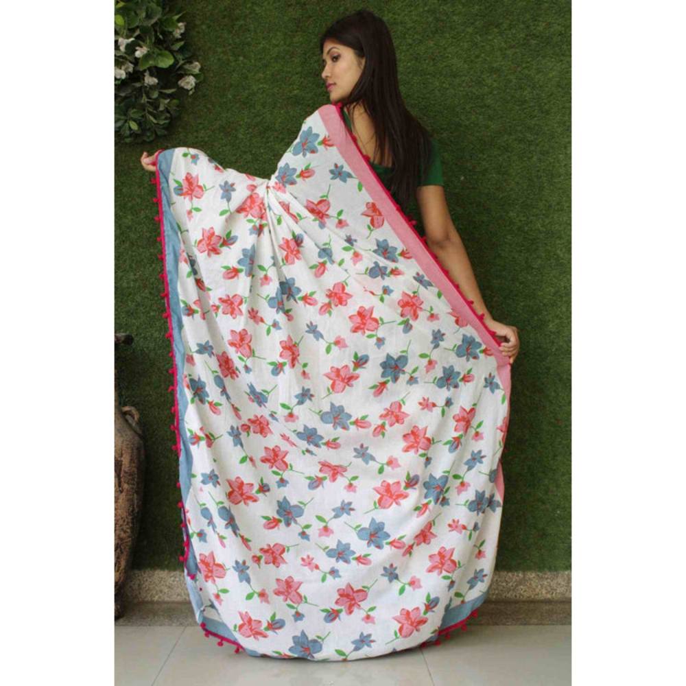 Isadora Life Womens Floral Printed White Pre-Draped Saree with Unstitched Blouse